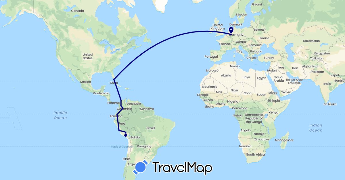 TravelMap itinerary: driving in Colombia, Germany, Ecuador, Peru, United States (Europe, North America, South America)